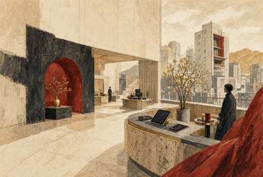 recepção de hotel com arco vermelho, balcão de check-in com tablet, skyline ao fundo, pessoa em pé