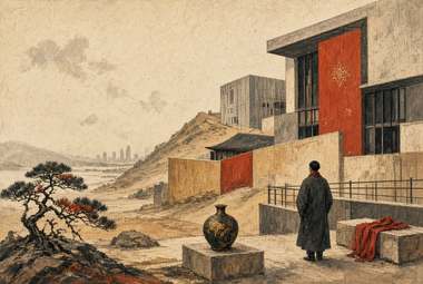 edifício moderno com painel vermelho sobre penhasco/orla com skyline ao fundo, pinheiro bonsai, pessoa de casa