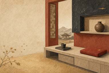 cômodo vazio e minimalista, plataforma baixa de concreto, um único vaso, moldura de porta vermelha, montanhas