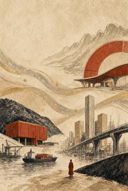 paisagem industrial ribeirinha com guindaste e barco, viaduto vermelho curvo, figura pequena de casaco vermelh
