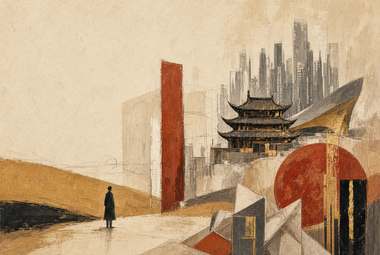 skyline moderno com pagode/pavilhão tradicional à esquerda, formas geométricas vermelho e preto, figura pequen