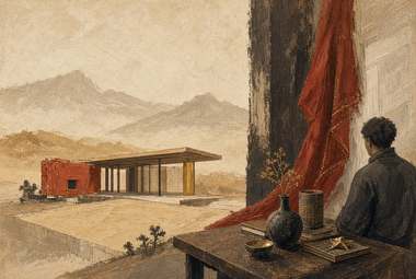 interior doméstico com vista para paisagem de montanhas, cortina vermelha, homem sentado à mesa com vaso