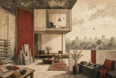 loft interno com prateleira de louças, banco com almofadas, painel vermelho, figura sentada desfocada, plantas