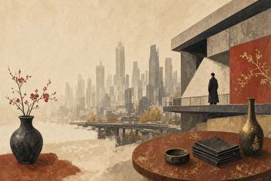 skyline genérico de arranha-céus, figura em plataforma vermelha, mesa redonda com vaso de flores vermelhas, ti
