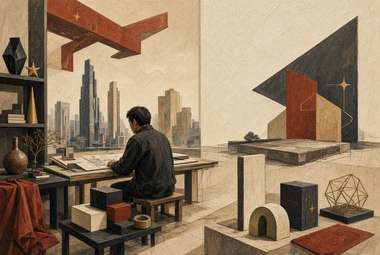 pessoa sentada desenhando em mesa de trabalho, vista de skyline pela janela, formas geométricas vermelhas e ma