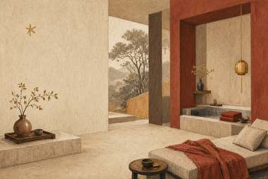 interior minimalista claro com plataforma de descanso e mesa de centro, arco vermelho abrindo para jardim exte