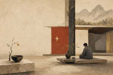 pessoa sentada em posição contemplativa sobre plataforma de pedra, painel vermelho com estrela dourada, vaso c