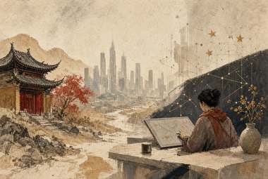 pessoa desenhando em mesa ao ar livre com vaso de flores, pagode tradicional à esquerda, skyline moderno com c