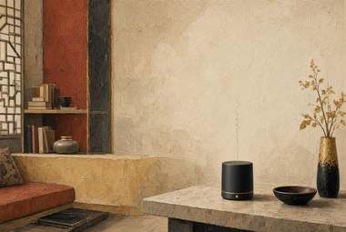 canto de sala com estante de livros, vaso e alto-falante cilíndrico preto sobre mesa lateral, cortina vermelha