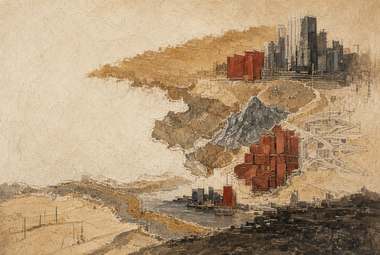 composição aérea abstrata mesclando skyline, terreno/mapa e blocos vermelhos de construção, formas de rio