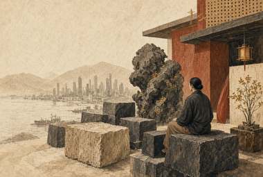 rochas de jardim clássico chinês em primeiro plano, pessoa sentada, skyline urbano do outro lado da água, lant