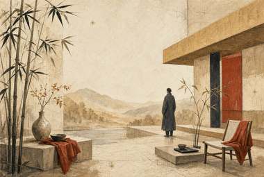 bosque de bambu alto, figura em pé de casaco escuro observando a paisagem, casa com porta vermelha e cadeira c