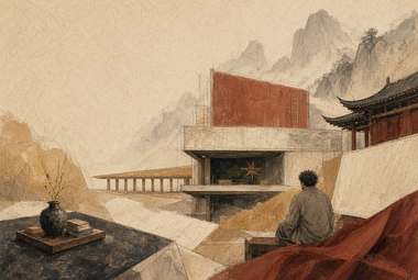 pessoa sentada em beirada de concreto observando paisagem de montanhas, painel vermelho arquitetônico, ponte a