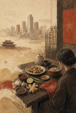 mulher comendo em mesa com pratos de comida (tipo hot pot), pagode e skyline ao fundo, guindaste de obra visív