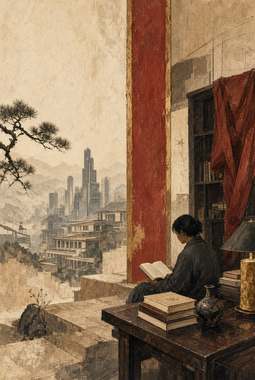 pessoa sentada à mesa lendo, bonsai pequeno ao lado, pilha de livros, skyline urbano com prédio de formato esc