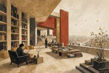 interior de livraria/biblioteca com estantes altas, pessoa lendo em poltrona, coluna vermelha, escada e pessoa