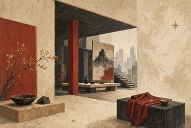 interior com painel vermelho, pintura de paisagem montanhosa na parede, escada, vaso e tigela sobre pano verme