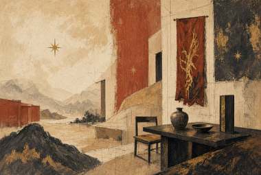 fachada com painel vermelho, painel escuro com motivo de galho dourado, formação rochosa, mesa de madeira com