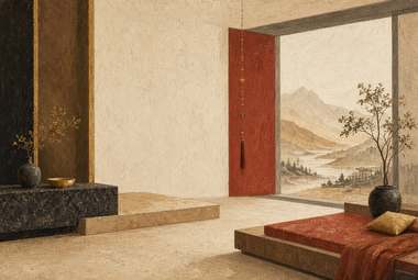 interior com portal vermelho aberto emoldurando paisagem de montanhas, plataforma de descanso com almofada ver