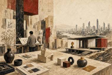 pessoa de pé à mesa com desenhos e maquete pequena, cidade com rio e ponte visível ao fundo