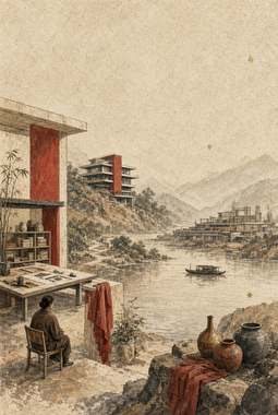 edifício em balanço sobre o rio com hastes de bambu visíveis junto ao pilar vermelho, skyline distante