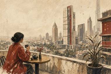 mulher de robe vermelho sentada à mesa pequena com bule e xícara em varanda com vasos de planta, amplo skyline