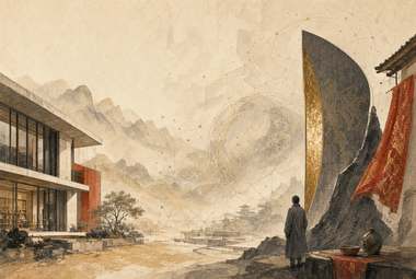 casa moderna em penhasco de montanha, forma escultórica branca e dourada em curva de vela, figura solitária, b