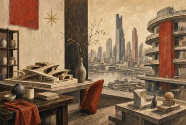 interior de estúdio de arquitetura com maquete sobre mesa, instrumentos de desenho, janela com skyline e torre