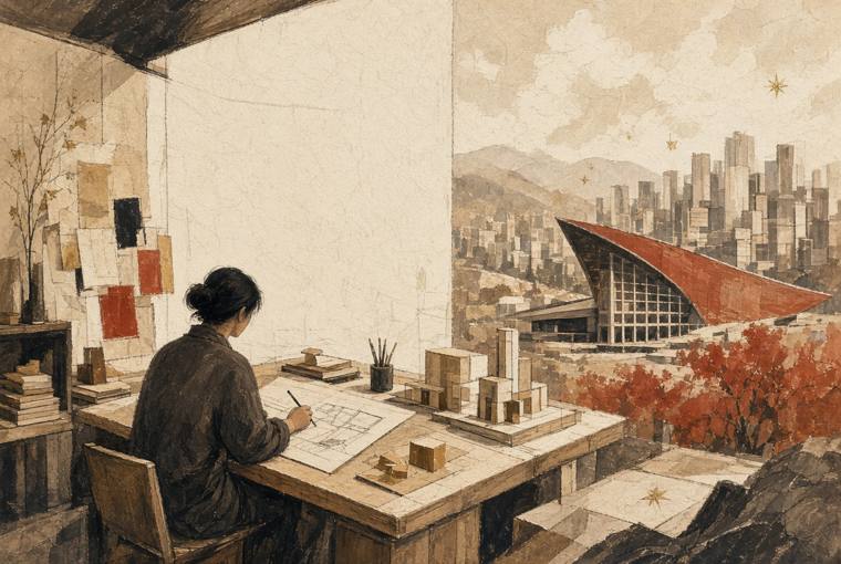 Ilustração de uma mesa de trabalho com desenhos técnicos e paisagem urbana ao fundo