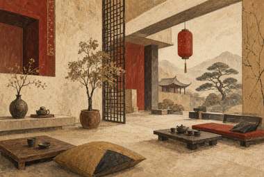 interior com lanterna vermelha pendurada, mesa de chá baixa, almofadas, vista de jardim com bonsai e telhado d
