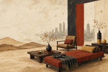 sala vazia e minimalista, pilar vermelho, banco com almofada vermelha, skyline distante com torre tipo pagode