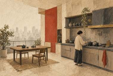 mulher cozinhando em fogão de indução em cozinha aberta para sala de jantar, painel vermelho, skyline visível