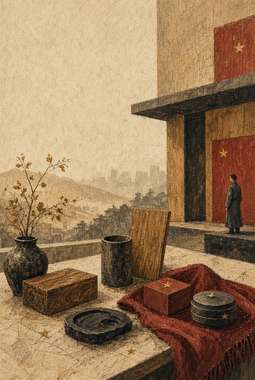 edifício moderno com painel vermelho e estrela dourada, pessoa parada junto à porta vermelha, vaso e bonsai