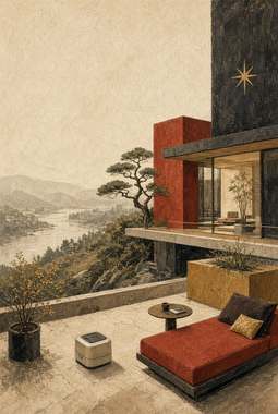 sala de estar com robô aspirador redondo visível no chão, cama/divã vermelho, vista de montanha e cidade