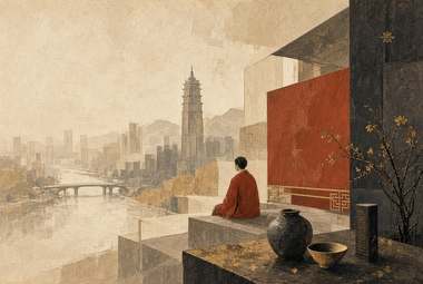 skyline com torre-pagode esguia, figura em manto vermelho sentada de pernas cruzadas em mirante, ponte sobre r
