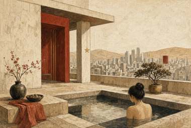 pessoa em banheira/piscina de imersão em terraço, vista para skyline urbano, vaso e bonsai ao lado, painel ver