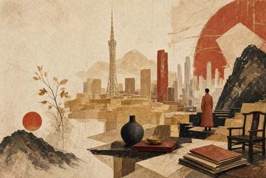 paisagem com sol vermelho, torre esguia ao fundo, pessoa junto a mesa de pedra com vasos e livros