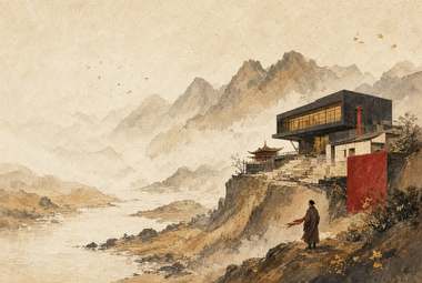 paisagem montanhosa em estilo pintura tradicional, pequena construção moderna no penhasco, templo e figura sol