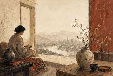 pessoa sentada lendo livro junto a vaso, porta aberta com vista de rio e cidade ao fundo, montanhas